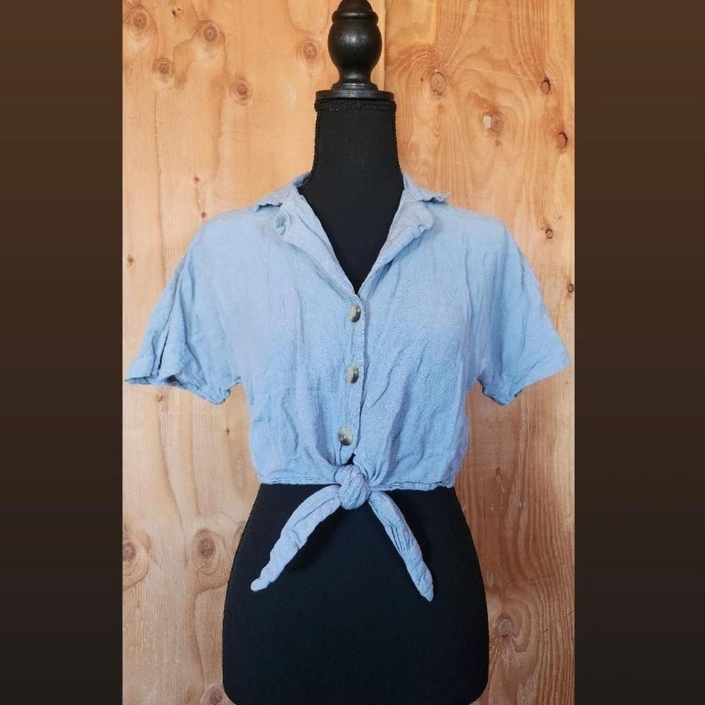 Japna Blue Crop Tie Front Button Down Shirt BUY1 GET1 FREE